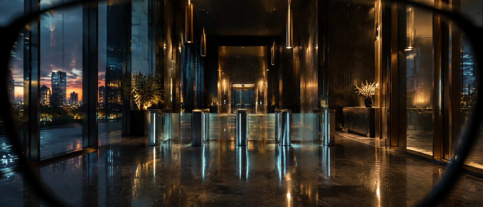 View through AR glasses into a dark office tower lobby, with a route drawn across the floor to the security turnstiles and the elevators beyond.