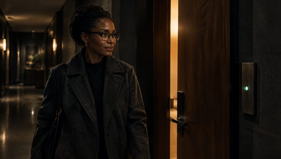 A woman in a charcoal coat and everyday-looking smart glasses walks up to a walnut residence door as it swings open; the access reader beside it shows a small green light.