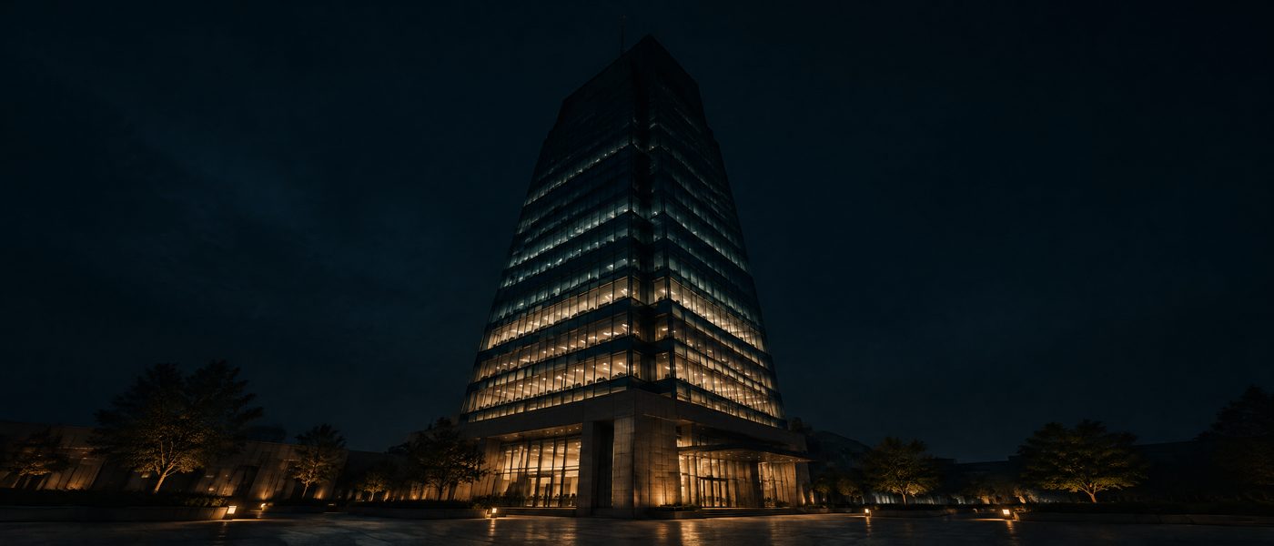 A glass office tower at night, lit floor by floor, with five numbered access layers marked from the street plaza up to the rooftop mast and the core running through its center.