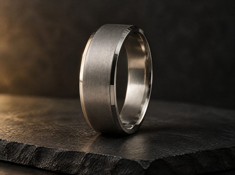 Bastion: a men's brushed titanium band with polished bevelled edges, standing on dark slate.