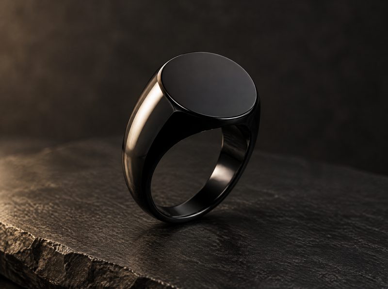 Cipher: a men's polished black ceramic signet ring with a smooth oval face, on dark slate.