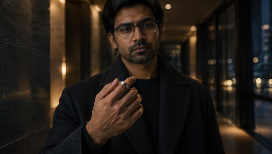 A man in slim black glasses and a dark overcoat stands in a dim corridor, his thumb resting on a brushed titanium ring on his index finger.