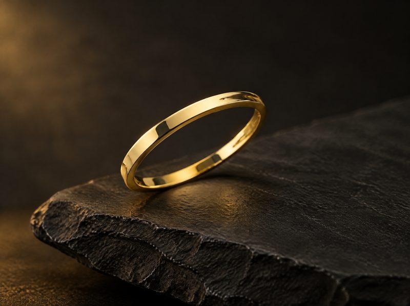 Vesper: a women's slim high-polish yellow gold band, resting on dark slate.