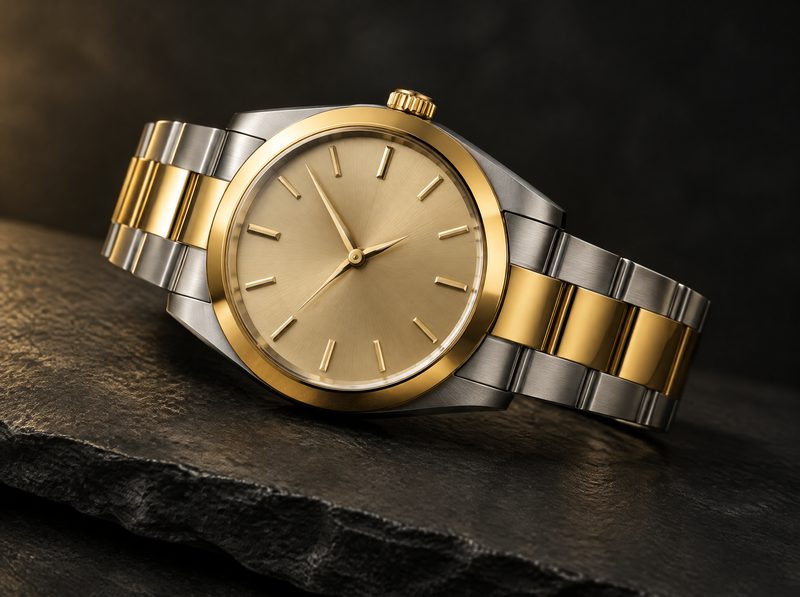 Chancellor: a two-tone steel and gold watch with a champagne dial, polished gold bezel and a steel and gold link bracelet, on dark slate.