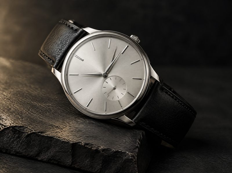 Envoy: a slim stainless steel dress watch with a silver sunburst dial, small seconds and a black leather strap, on dark slate.