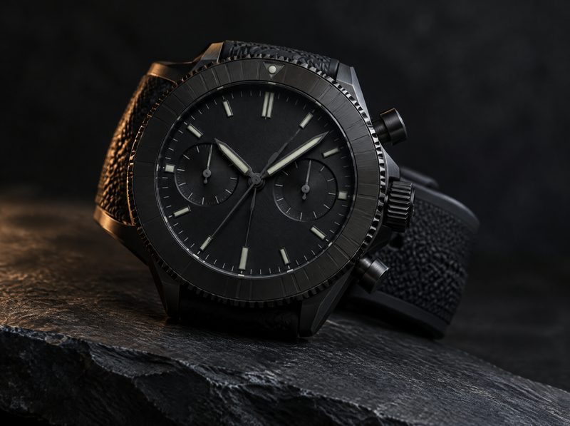 Nocturne: a blackened steel chronograph with a matte black dial, two subdials and a rotating bezel, on a black rubber strap.