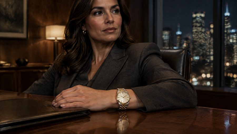 A woman in a charcoal suit sits at a walnut table in a meeting room above the city at night, wearing a two-tone watch.